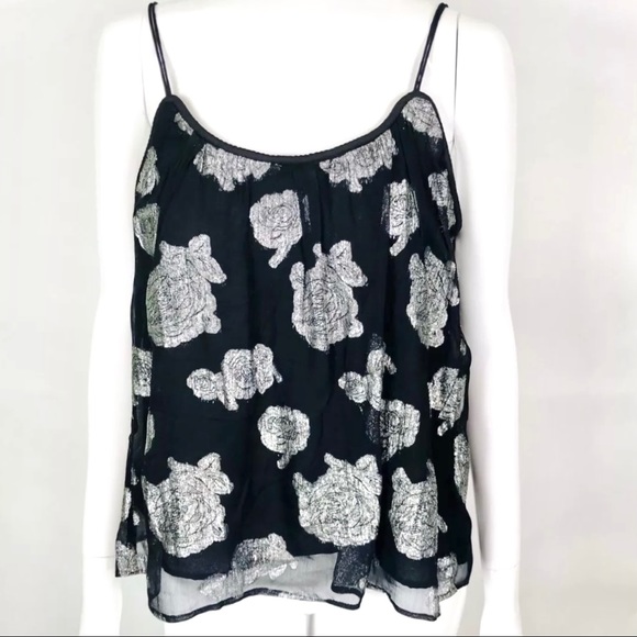 Lucky Brand Top Black Silver Floral Sz M - Picture 1 of 8